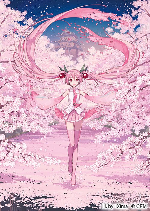 hatsune miku ,sakura miku 1girl solo long hair pink hair thighhighs skirt twintails  illustration images