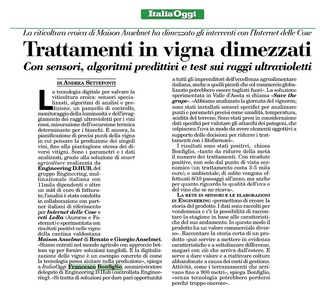 EngineeringSpa's tweet photo. #Sensori, #algoritmi predittivi, #IOT: @MaisonAnselmet dimezza gli interventi in #vigna con la soluzione per #SmartAgriculture di @EngineeringSpa. @franzbonf #savethegrape #innovazione #digitaltransformation #Engineering_DHUB https://t.co/5OAAHB7sr7 https://t.co/F2M6Lp3dxO