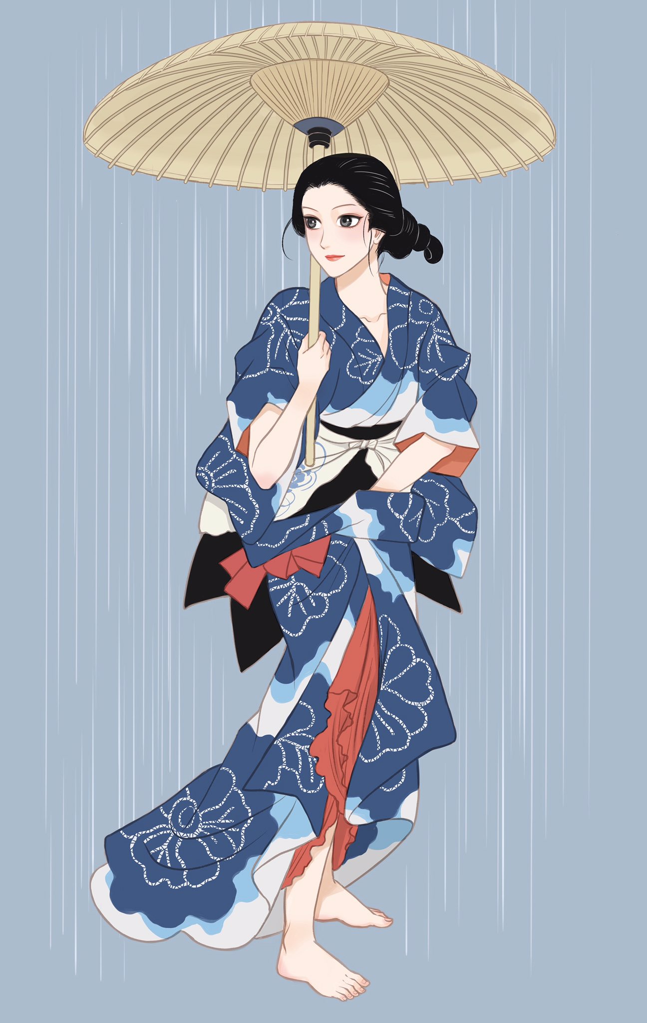 撫子凛 新刊執筆中 江戸時代後期頃の粋筋の姐さん 馬の尻尾と呼ばれる洗い髪に 藍絞りの着物が婀娜っぽい色気を演出 帯の上から結んだ手拭いは雨に濡れないようガードしてるのかしら 湯文字 腰巻 からのぞく白い素足に釘付け 歌川国芳 暑中の夕立
