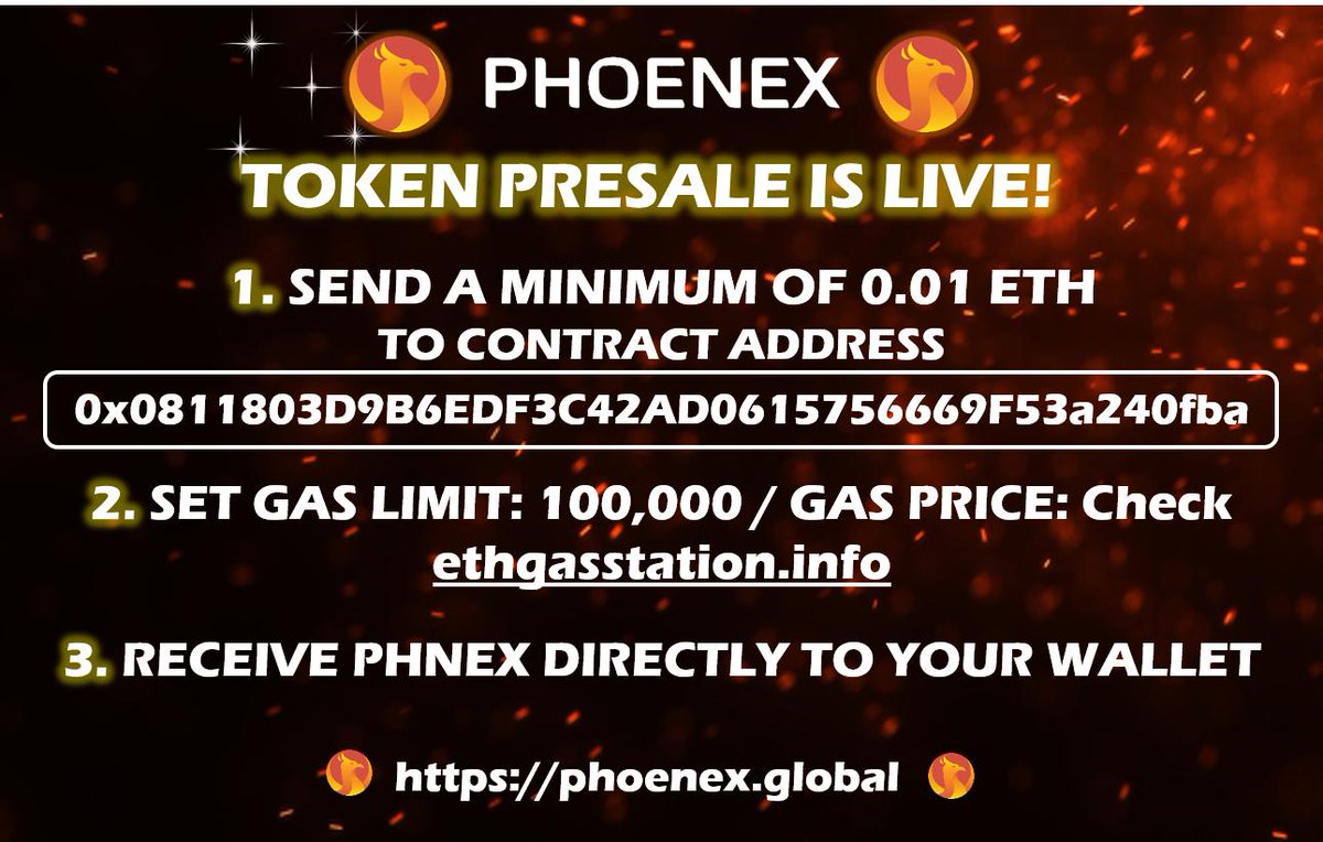 francescaelisse's tweet photo. 🔥PHOENEX TOKEN PRESALE IS LIVE!🔥
1️⃣Make sure you have atleast 0.01 ETH in your wallet
2️⃣GAS=100,000 ; GWEI=check gas price @ https://t.co/Fb1Z6dMf9n
3️⃣Send ETH to contract: 0x0811803D9B6EDF3C42AD0615756669F53a240fba
4️⃣PHNEX sent directly to your wallet

#PHNEX #ICO #ETH #Tokens https://t.co/cH3MrKJTIS