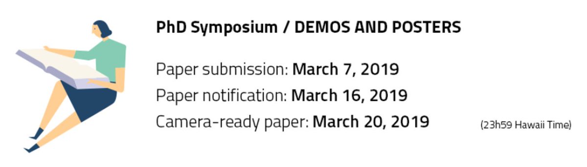 icwe2019's tweet photo. Attention! 🙋‍♂️🙋‍♀️
Deadline of Paper submission for PhD Symposium and Demos and Posters is coming!!!

⭐March 7 (23h59 Hawaii Time)⭐

 Do not miss the date!

Do you need more information?
👉(PhD Symposium) https://t.co/03mUsvnllm
👉 (Demos&amp;Posters) https://t.co/jczF3p3465 https://t.co/LqAxaibTL4