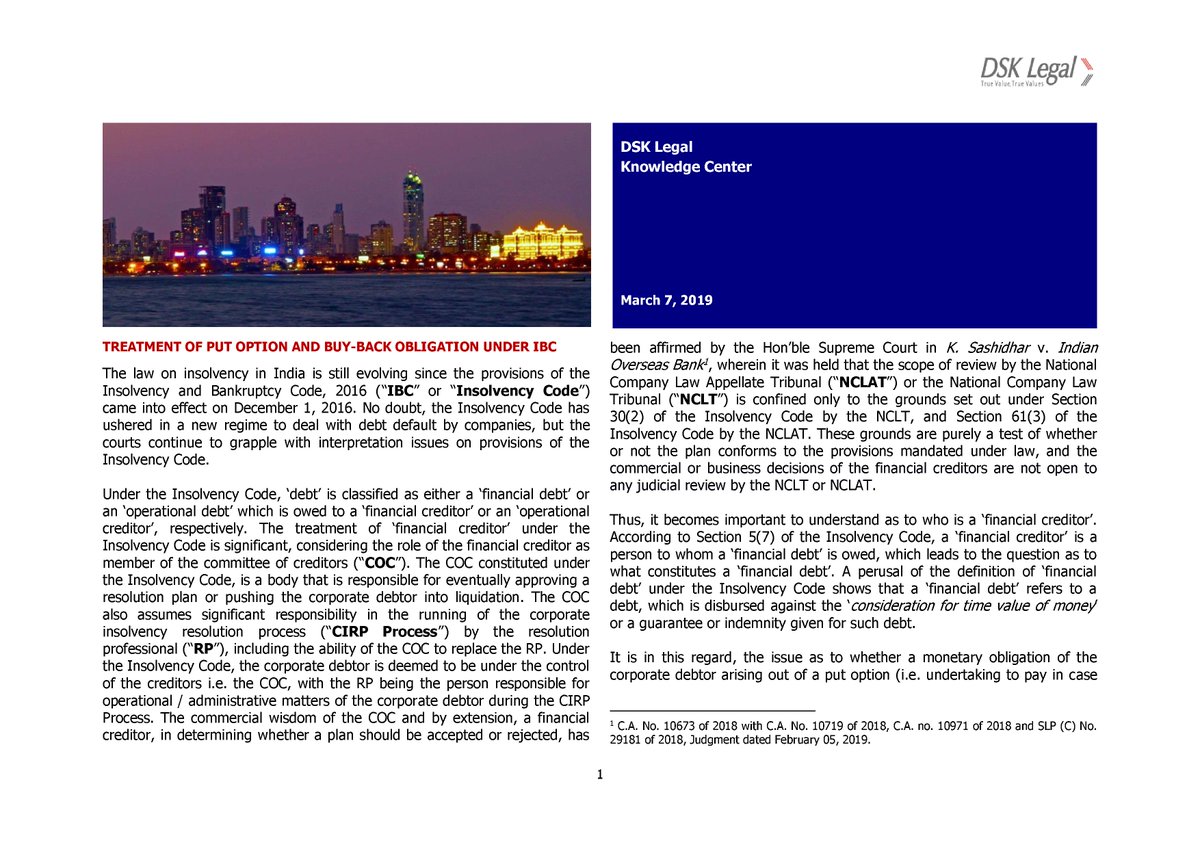 Ajay Shaw, Vardhman Mehta and Kevin Joseph discuss the impact of the recent NCLAT order on put options and buy backs under the IBC #ibc #options #FinancialCreditor #article

Please click on the link below to read:
dsklegal.com/wp-content/upl…