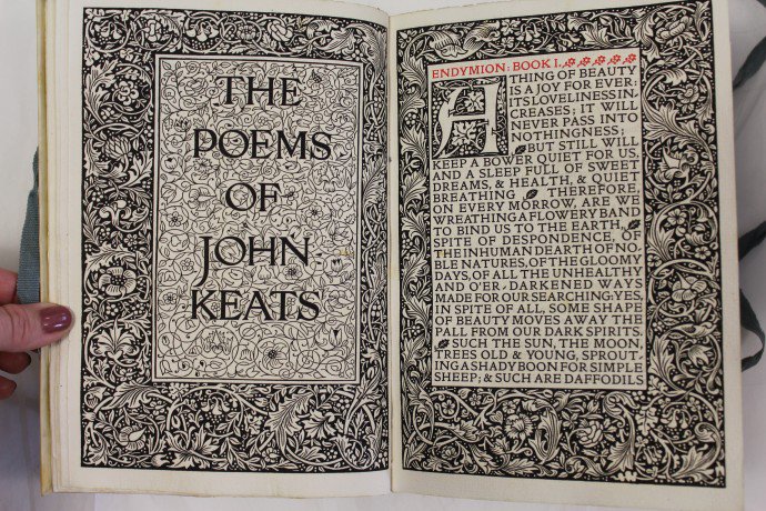 WMGallery's tweet photo. The Poems of John Keats, published by Kelmscott Press in 1894. Inspired by his love of medieval books &amp; manuscripts, Morris set up the press in 1891 with the aim of creating beautiful books. #WorldBookDay https://t.co/jpb5AfgK9H