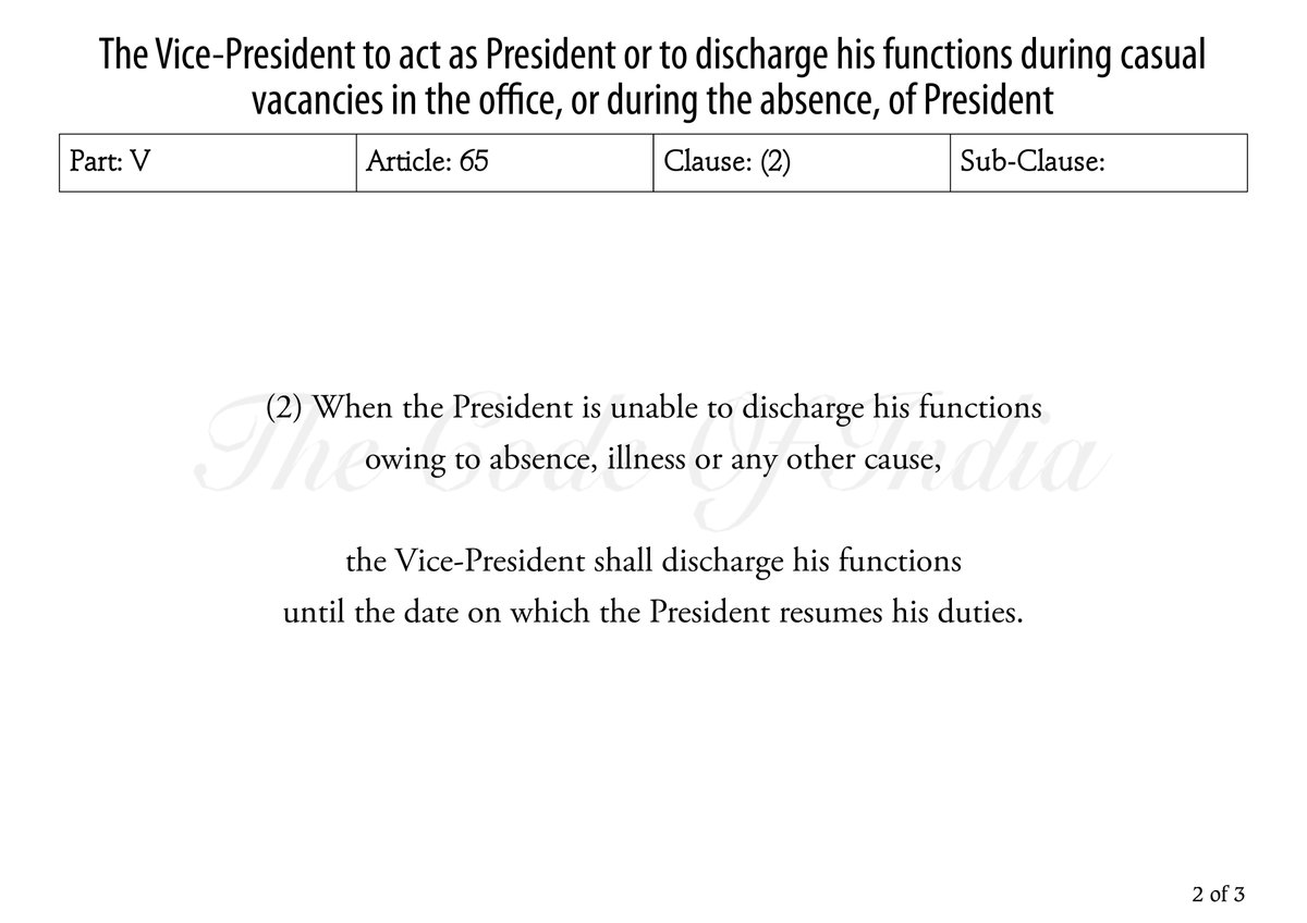 TheCodeOfIndia's tweet photo. The Vice-President to act as President or to discharge his functions during casual vacancies in the office, or during the absence, of President #Article65 #TheVicePresidentOfIndia #President #Chapter1 #TheExecutive #Part5 #TheUnion #India #TheConstitutionOfIndia #TheCodeOfIndia https://t.co/GbODKaHr5T