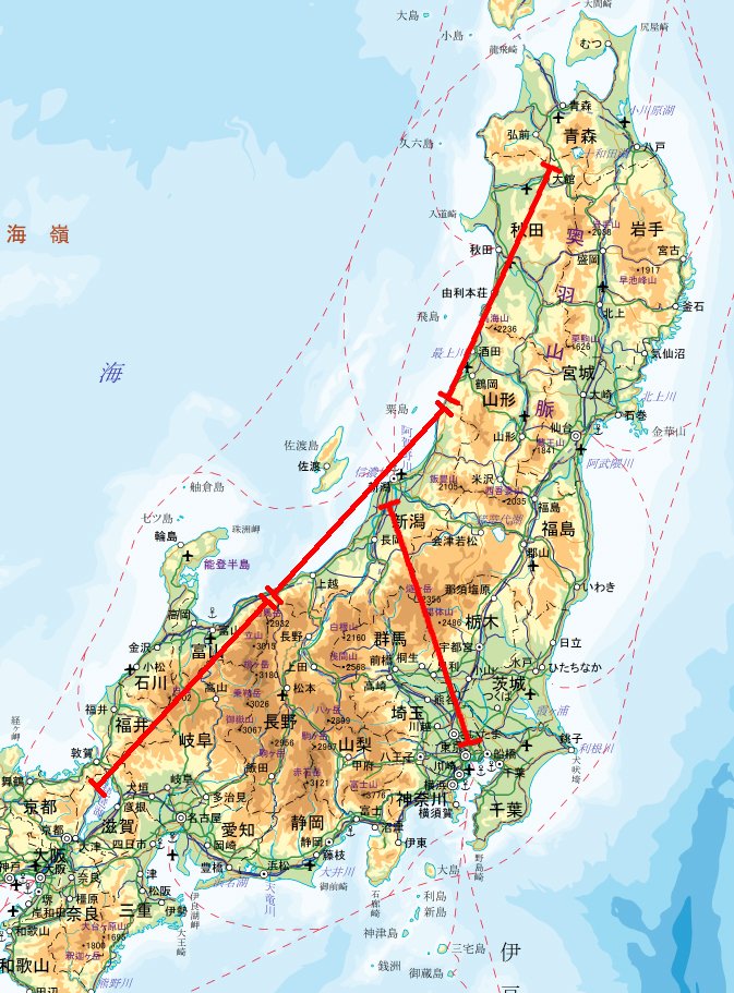 まつもと 村上ー糸魚川を １新潟 という単位にすると １新潟 で新潟から東京 新潟 県の東端から青森県 西端から琵琶湖に達する勢い 新潟県でかい