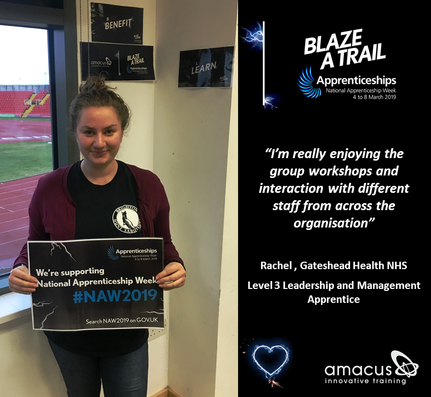AmacusLimited's tweet image. This is Rachel one of the @QEGateshead apprentices participating in our Level 3 Leadership and Management programme. She&apos;s really enjoying interacting with and learning from the other apprentices! #NAW2019 #BlazeATrail #traindevelopsucceed #apprenticeships