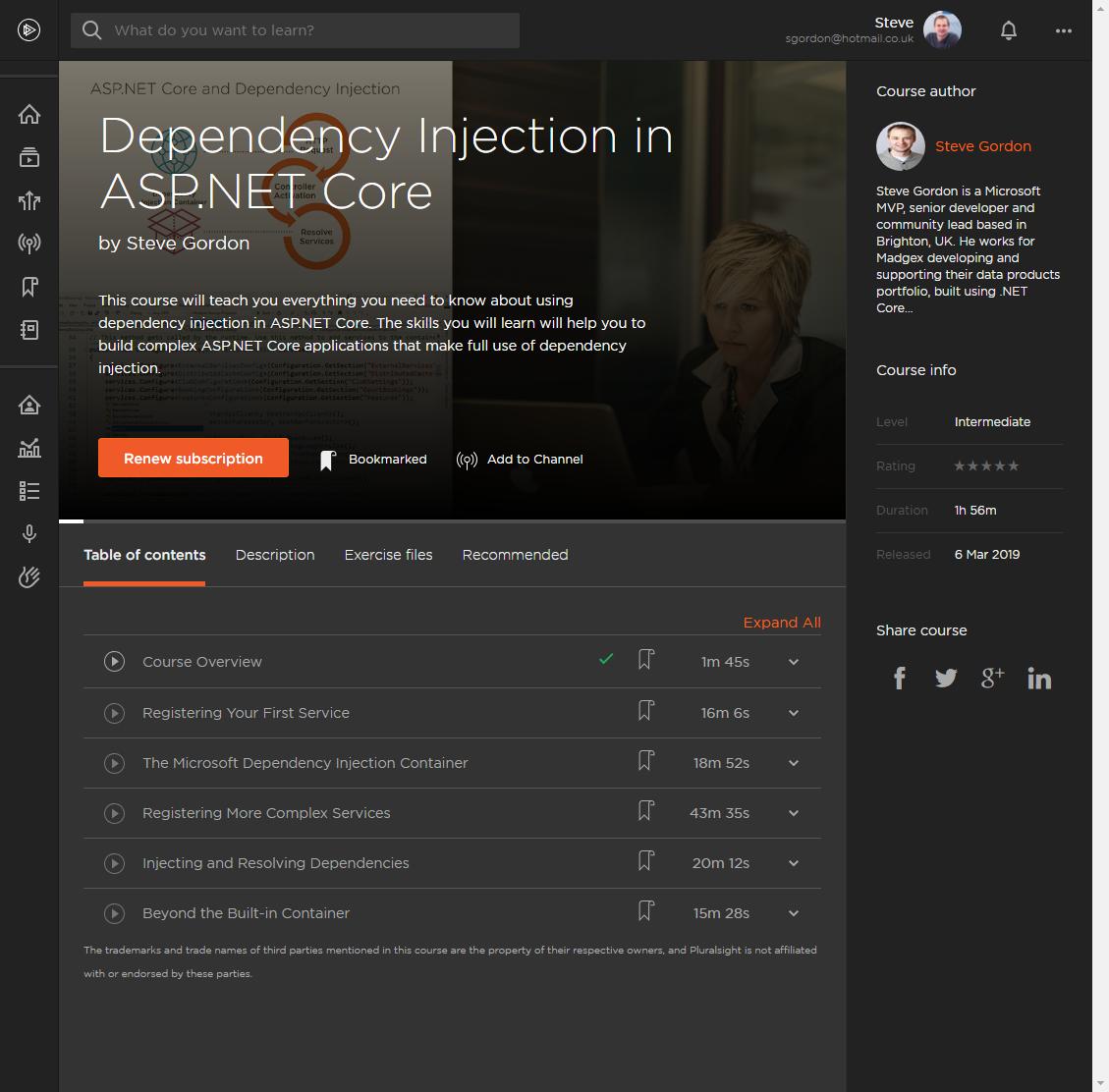 stevejgordon's tweet image. I'm really excited to announce that after 4 months of evenings and weekends I have finished my first ever @pluralsight course and it has just been published! Please check out 'Dependency Injection in #AspNetCore" at app.pluralsight.com/library/course…