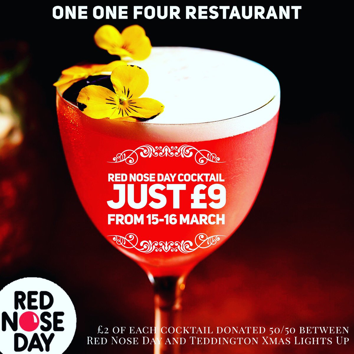 Get in the queue for this fabulous cocktail especially made for Red Nose Day by <a href="/No_One_One_Four/">OneOneFour</a>. Just £9 of which £2 is donated 50/50 between Red Nose Day and Teddington Xmas Lights Up. @TeddingtonLoves <a href="/TeddingtonMill1/">Teddington Millennials</a> <a href="/JimMillardld/">Cllr Jim Millard 🔶 🇺🇦</a> <a href="/Teddington_Town/">Teddington_Town</a> <a href="/RichmondComLink/">Community Engagement Team (Richmond Council)</a>