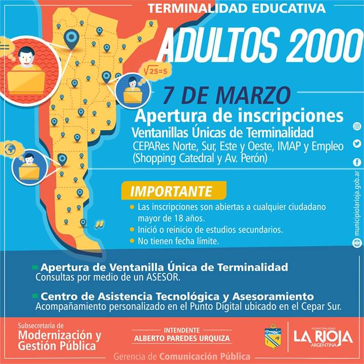 modernizacionlr's tweet photo. Hoy iniciaron las inscripciones al Programa #Adultos2000, aprovecha está oportunidad que te permitirá, a vos, joven o adulto, lograr tu título secundario. Asesorate en nuestros oficinas de CEPAR y en la Oficina de Empleo Municipal #NuestraCiudadNuestraCasa #AlbertoParedesUrquiza https://t.co/Rf8sl4b1dS