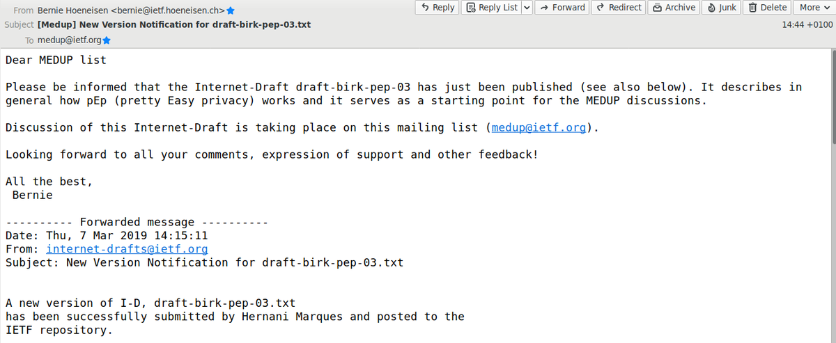 pEpFoundation's tweet photo. For public discussions on pretty Easy privacy's protocols, please join the #MEDUP (=Missing Elements for Decentralized and Usable Privacy) #IETF mailing list.

https://t.co/KHFbWm7cst

/@ISOCSwitzerland #PrivacyByDefault #MassEncryption #P2P #E2EE #IETF104 #prettyEasyprivacy #pEp https://t.co/kZ885TE8sK