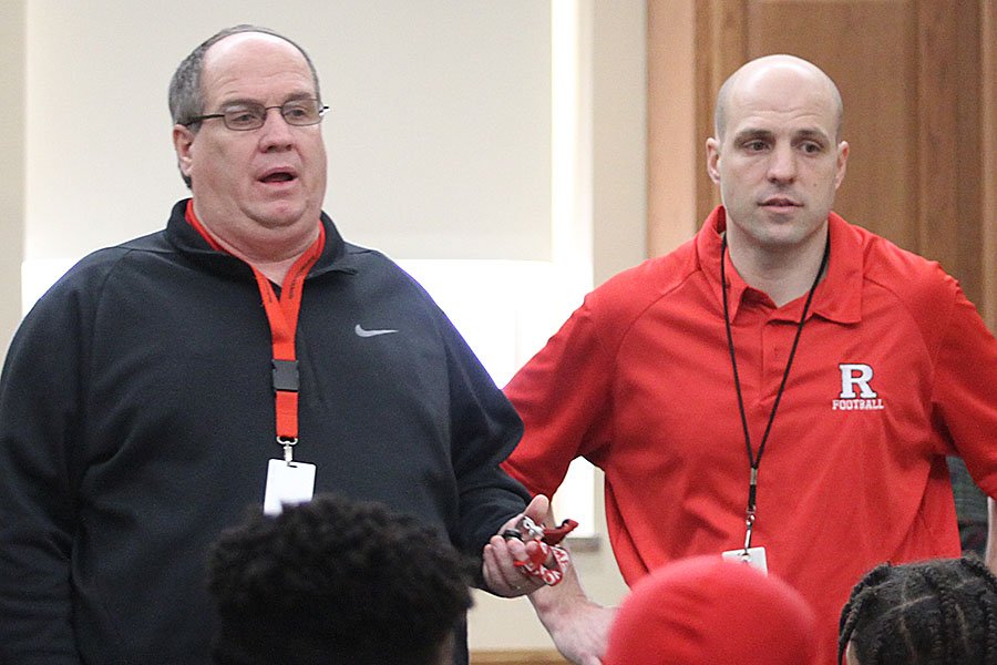 RHSRegister's tweet photo. Tony Sonsini was just introduced to the football team as the new RHS head football coach, pending board approval. AD Larry Cochren made the introduction during a 1st period meeting today. #werrhs #learnatrhs #werrichmond #RHSreddevils https://t.co/HhejZeSaDL