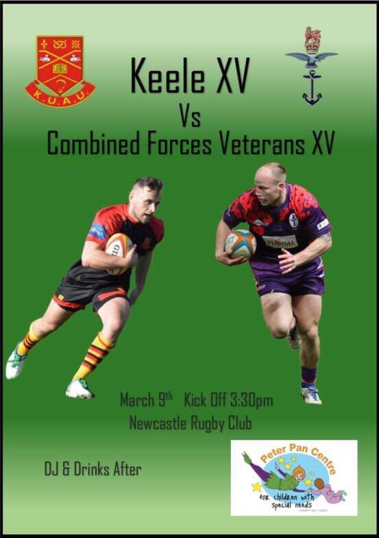 Get down to the Newcastle (Staffs) rugby club this Saturday for a 3:30pm K.O. Keele will be playing a combined forces barbarians team for charity. All proceeds are going to Peter Pan centre for children, who aim to help children’s development on different levels.