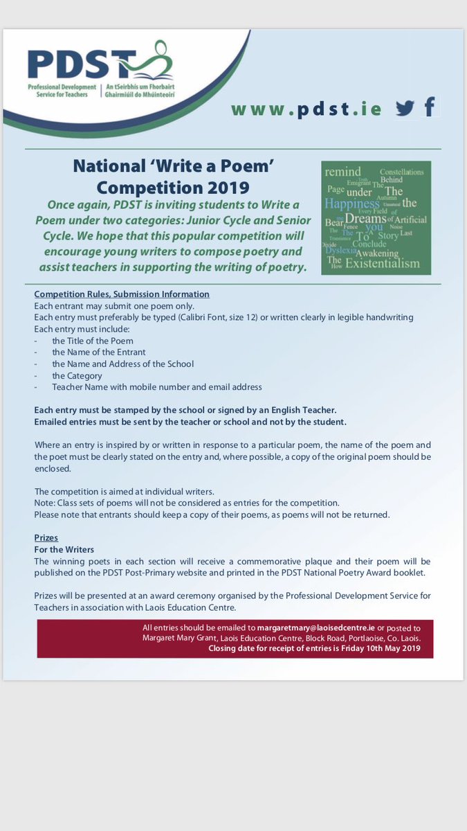 LiteracyLink1's tweet photo. As we prepare for @worldpoetryday @PDSTie are delighted to announce details of our #WriteAPoem competition.Closing date Fri 10th May for junior &amp; senior categories.Great opportunity for students to be creative &amp; develop literacy skills! @jctEnglish @laoisedcentre @AliasRoryH ✍️ https://t.co/fTqULQhycu