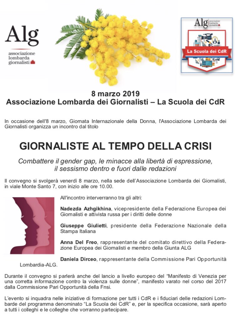 ALG_Lombarda's tweet image. #8marzo2019 #festadelladonna #sindacato #giornalisti #milano #lombardia Appuntamento in #alg_lombarda alle 10 Confronto pubblico su #giornaliste al tempo della #crisi