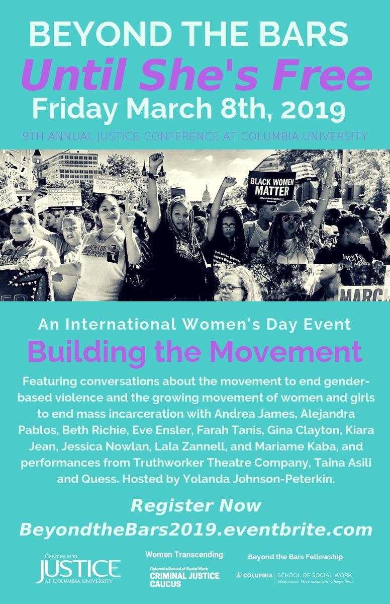 Join us tomorrow for a #BeyondtheBars2019 International Women's Day event with @quesscribe #TruthworkerTheatreCo, @tainaasili, @FarahTanis1, #BethRichie, #EveEnsler, #KiaraJean, #LalaZanell, @GinaLClayton, @prisonculture, @JessicaNowlan, @andreacjames beyondthebars2019.eventbrite.com