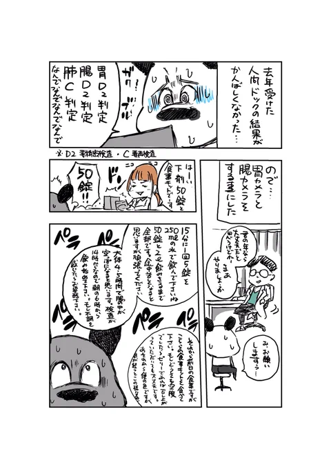 この間受けた大腸カメラの「下剤濁流編」です。ホントに死ぬほど辛かったですが今となってはいい思い出です。次回の「肛門突入編」はまた後日、気が向いた時にでも描きます〜。 