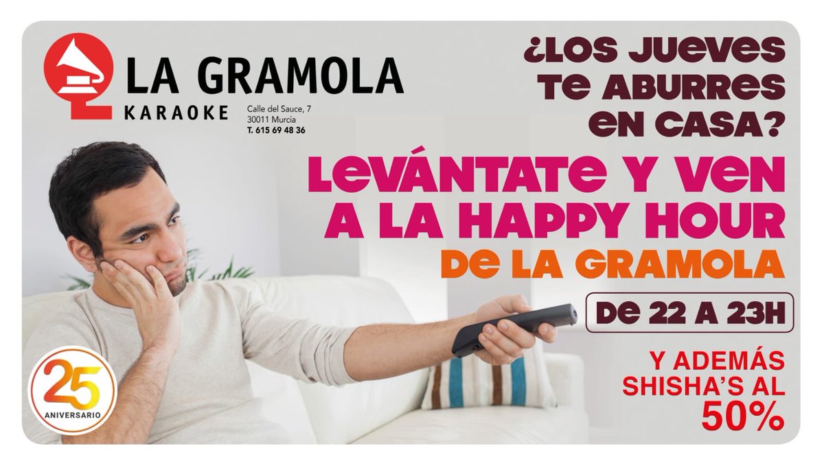 ¿Otro jueves aburrido en el sofá? Apaga la tele y vente a la Happy Hour de La Gramola y disfruta con la promoción del 2x1.

Porque el jueves es la antesala del fin de semana, disfruta en Karaoke La Gramola.

Y ahora con nuevo servicio de shisha’s con un irresistible 50% para ti.