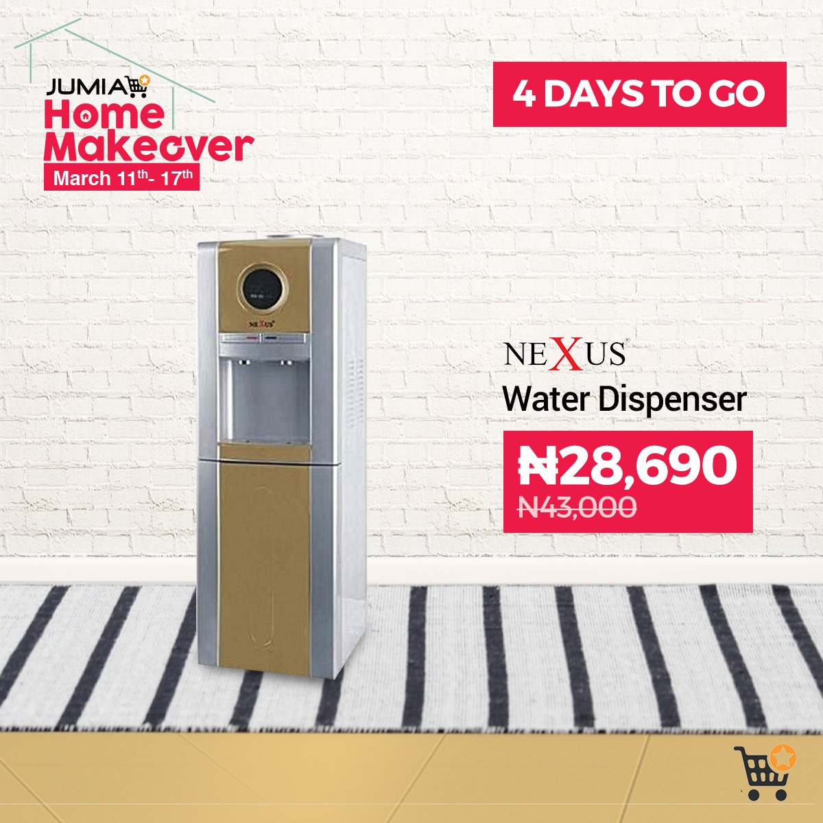 JumiaNigeria's tweet photo. 4 Days To Jumia Home Makeover 😁
From the 11th - 17th of March, Jumia is offering huge discounts on your home appliances, furniture,utensils,etc 😁.
Save over ₦14,000 and buy this Nexus Water Dispenser for ₦ 28,690 😁.
https://t.co/JmrMl8Bym3 #StepUpUrHome https://t.co/waDoFJZD56