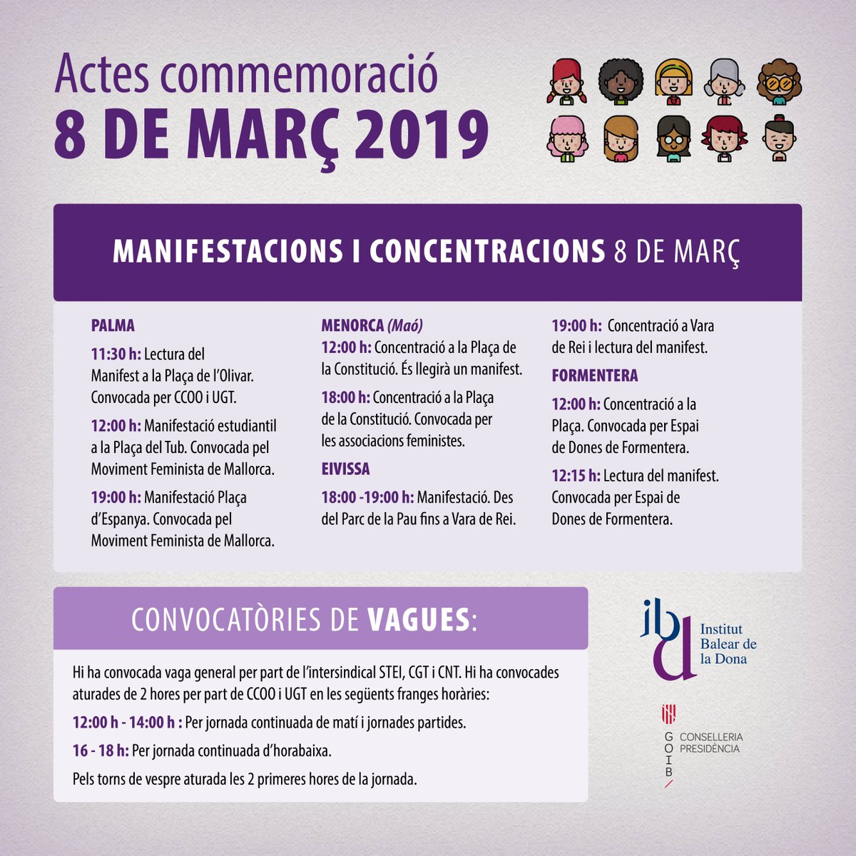 [Recordatori] Aquestes són les principals concentracions i manifestacions programades per demà a totes les Illes Balears: ⬇️ #8M #8M2019 #VagaFeminista #FeminismeIllesBalears @CPresidenciaIB