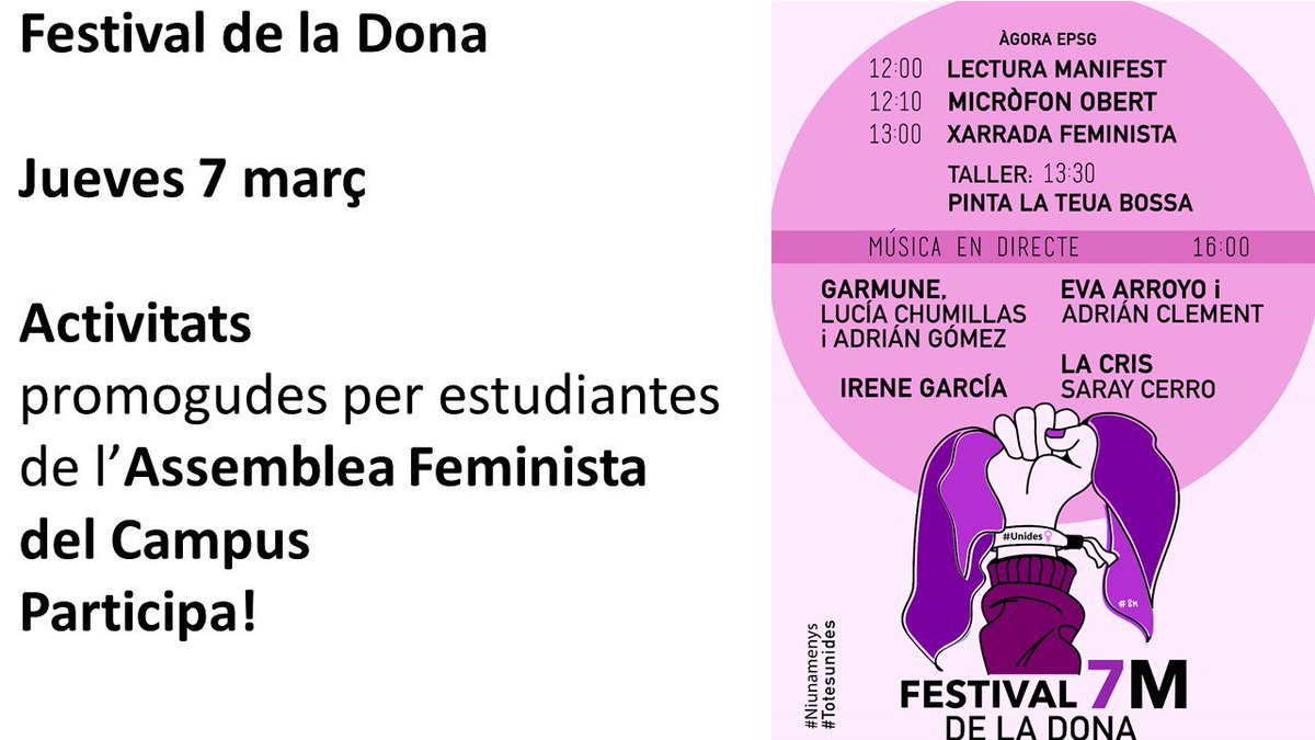 Hui a les 12.00h llegim el Manifest del #8M a l'Àgora del Campus de #Gandia <a href="/UPV/">Universitat Politècnica de València</a> i comencem amb les activitats! Xarrades, tallers, música en directe... T'esperem!