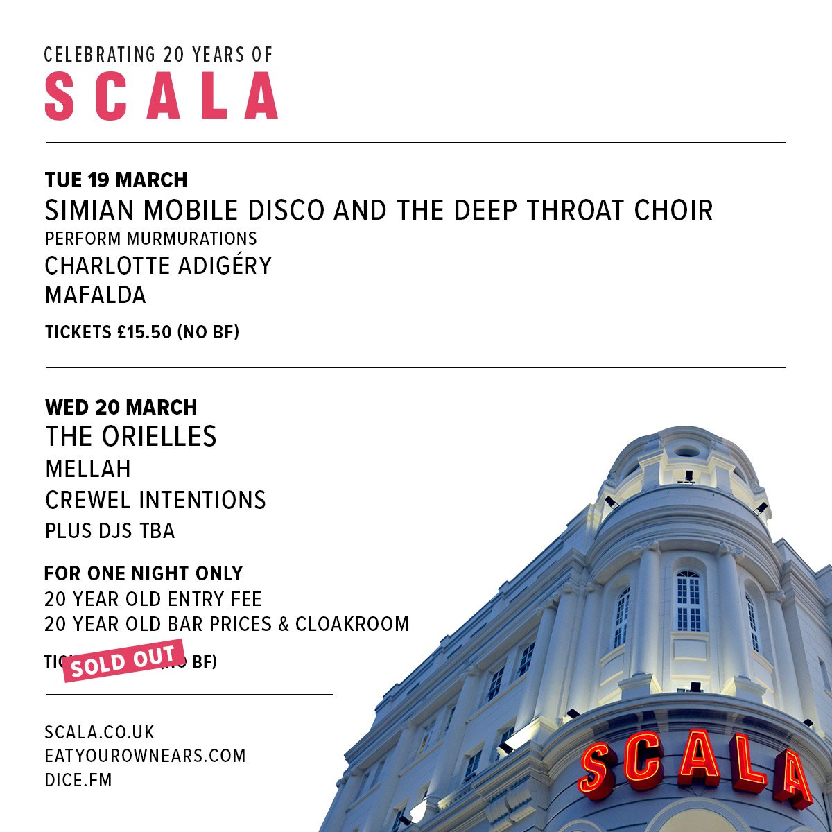 🎉 SOLD OUT 🎉

The 2nd night of 'Celebrating 20 Years Of Scala' on Weds 20th with @TheOrielles + <a href="/mellllah/">Mellah</a> + <a href="/CrewelIntent/">Crewel Intentions</a> is now SOLD OUT! 

Very limited tickets left for the rest of our 20th week, grab 'em here - bit.ly/2NLC9mi