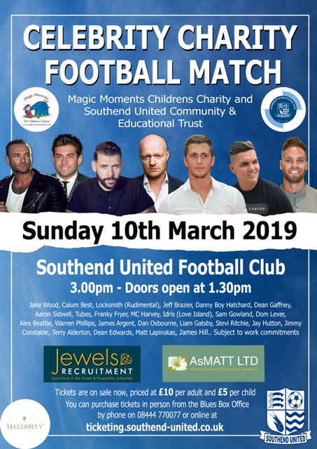 Sunday 10th March, get to <a href="/SUFCRootsHall/">Southend United FC</a> as Jewels Travel and Hospitality recruitment are sponsoring <a href="/Sellebrity_UK/">SellebritySoccer</a> amazing Charity match, all for great causes! <a href="/SUFCCommunity/">Southend United Community Foundation</a> <a href="/for_the_kids_uk/">Magic Moments</a> 
The East stand is sold out so get your tickets soon!