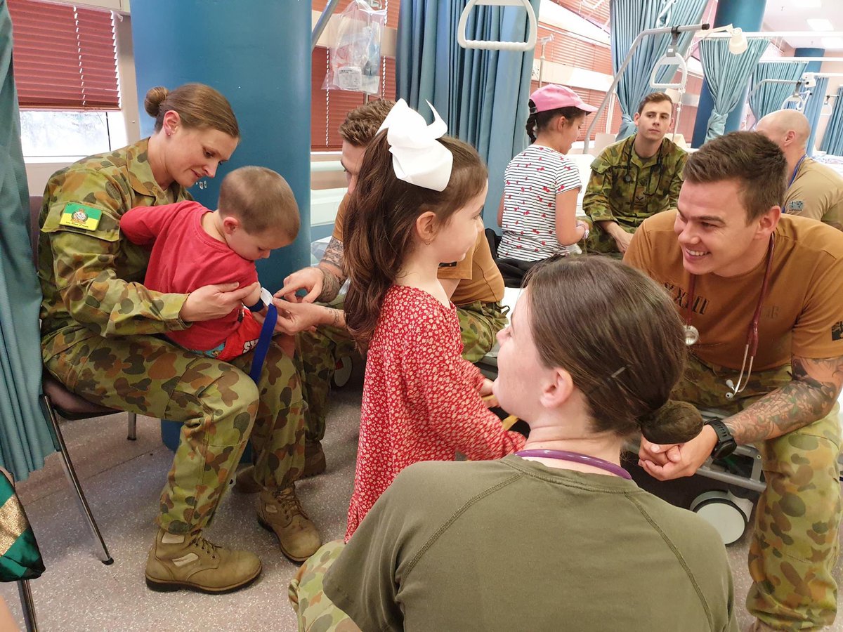 FORCOMDAusArmy's tweet photo. Australian Defence Force medics are getting some real life paediatric experience as part of an @AustralianArmy School of Health course. Thanks to the kids who came along this week (they looked a bit unsure to begin but there were smiles at the end!) #OurTraining @CO_ASH_2018 https://t.co/vWzGbXiYTm