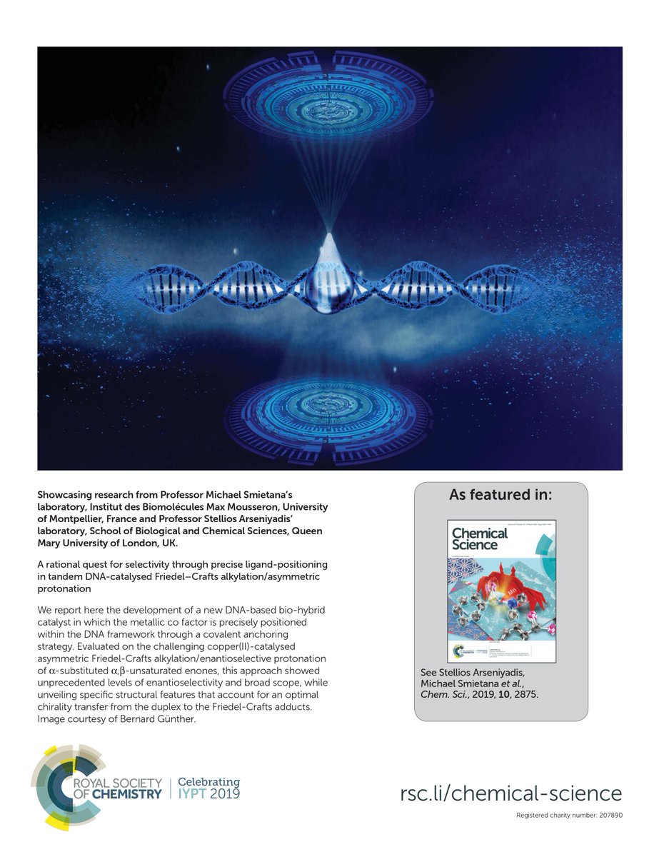 Our work with <a href="/arseniyadis/">Arseniyadis</a> on new DNA-based bio-hybrid catalysts highlighted on the back cover of <a href="/ChemicalScience/">Chemical Science</a>. Great job guys ! <a href="/MansotJ/">mansot jennifer</a>  <a href="/SidonieAubert/">Sidonie Aubert</a>  <a href="/DucheminNicolas/">Nicolas Duchemin</a> 
free access:  xlink.rsc.org/?DOI=C8SC05543B