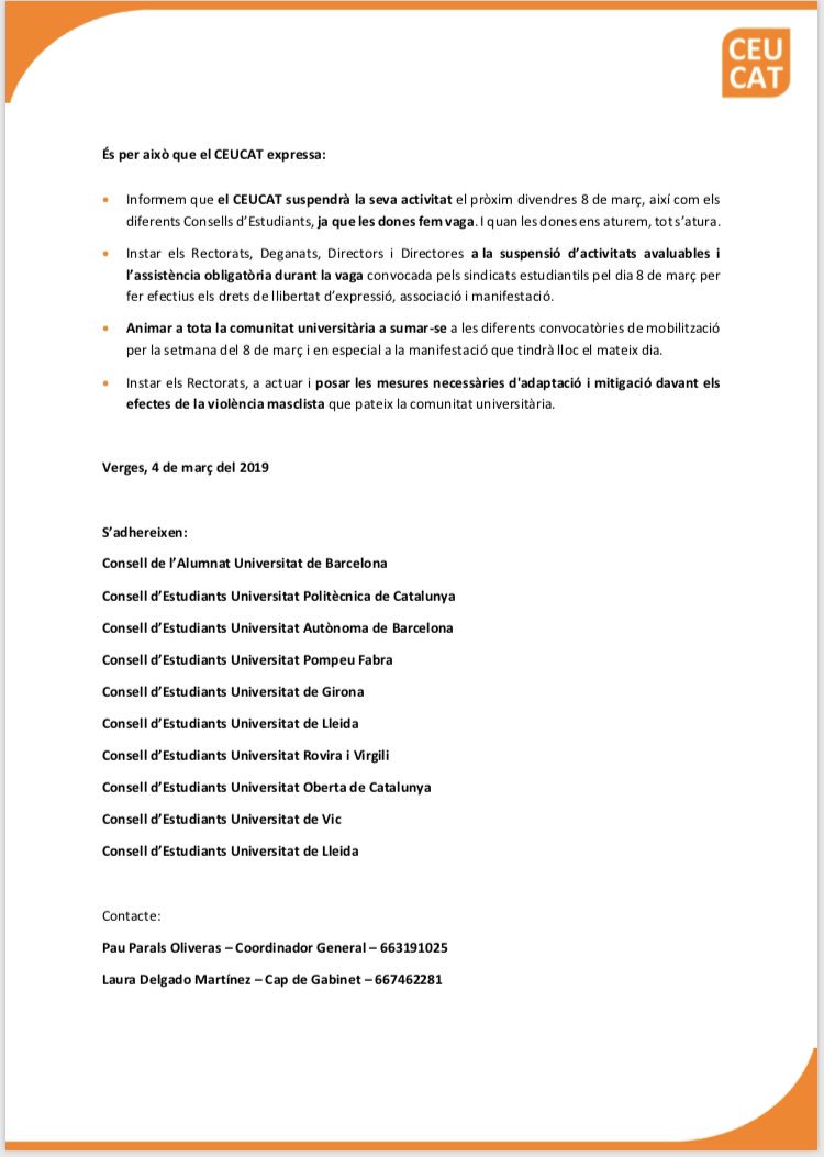 ceucat's tweet photo. COMUNICAT 8M @ceucat👇

1️⃣Suspensió d’activitats avaluatives i d’assistència obligatòria pel 8M

2️⃣Implicació de forma activa segons les premises dels col·lectius feministes

3️⃣Instem als Rectorats a prendre les mesures necessàries contra la violència masclista a la universitat https://t.co/TNqFUPplmz