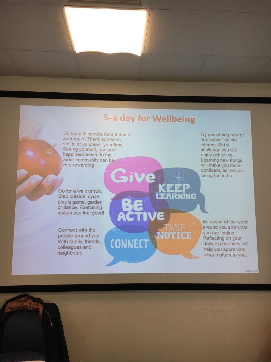 LizHumphries19's tweet photo. 5 a day for wellbeing... great advice at the Wellbeing Champions workshop today. #WBChampsSpring19 @TracyABMU @ABM_occhealth @ABMhealth @NWilliamsABMU @garethhowells1 @ABMU_LOD https://t.co/dEzAcgy6DR