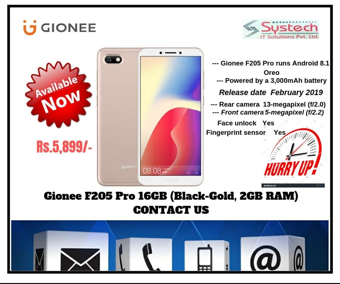 systech_it's tweet photo. Gionee F205 Pro runs Android 8.1 Oreo,--- Powered by a 3,000mAh battery/Gionee F205 Pro 16GB (Black-Gold, 2GB RAM).
@GioneeIndia https://t.co/VHIBuE6ZbK