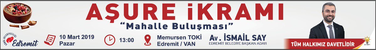 10 Mart Pazar Saat 13:00 da MemurSen Toki de Edremit Belediye Başkan Adayımızın Aşure ikramına Tüm Edremit ve Van Halkı Davetlidir
<a href="/OsmanGulacarTR/">Osman Nuri Gülaçar</a> 
<a href="/irfankartal_65/">İrfan Kartal</a> 
<a href="/ArvasAbdulahat/">Abdulahat Arvas</a> 
<a href="/NecdetTakva/">Necdet Takva</a> 
@av_ismailsay 
<a href="/SavasN_Kiylik/">Savaş Nurullah KIYLIK</a> 
<a href="/ADLKIYAK/">Adil Kıyak</a> 
<a href="/Hilay1606/">Hilây Birây🟢🇹🇷</a> 
@Veysel_Gulgeldi