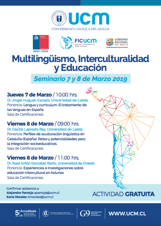 GrelieUdL's tweet photo. Avui i demà, ponències d’Àngel Huguet, Cecilio Lapresta i Xosé Antón González Riaño en el Seminari de Multilingüisme, Interculturalitat i Educació a la Universidad Catolica de Maule 🗣🇨🇱#llenguaieducació #lenguaieducación #languageandeducation https://t.co/LsK6XioIML