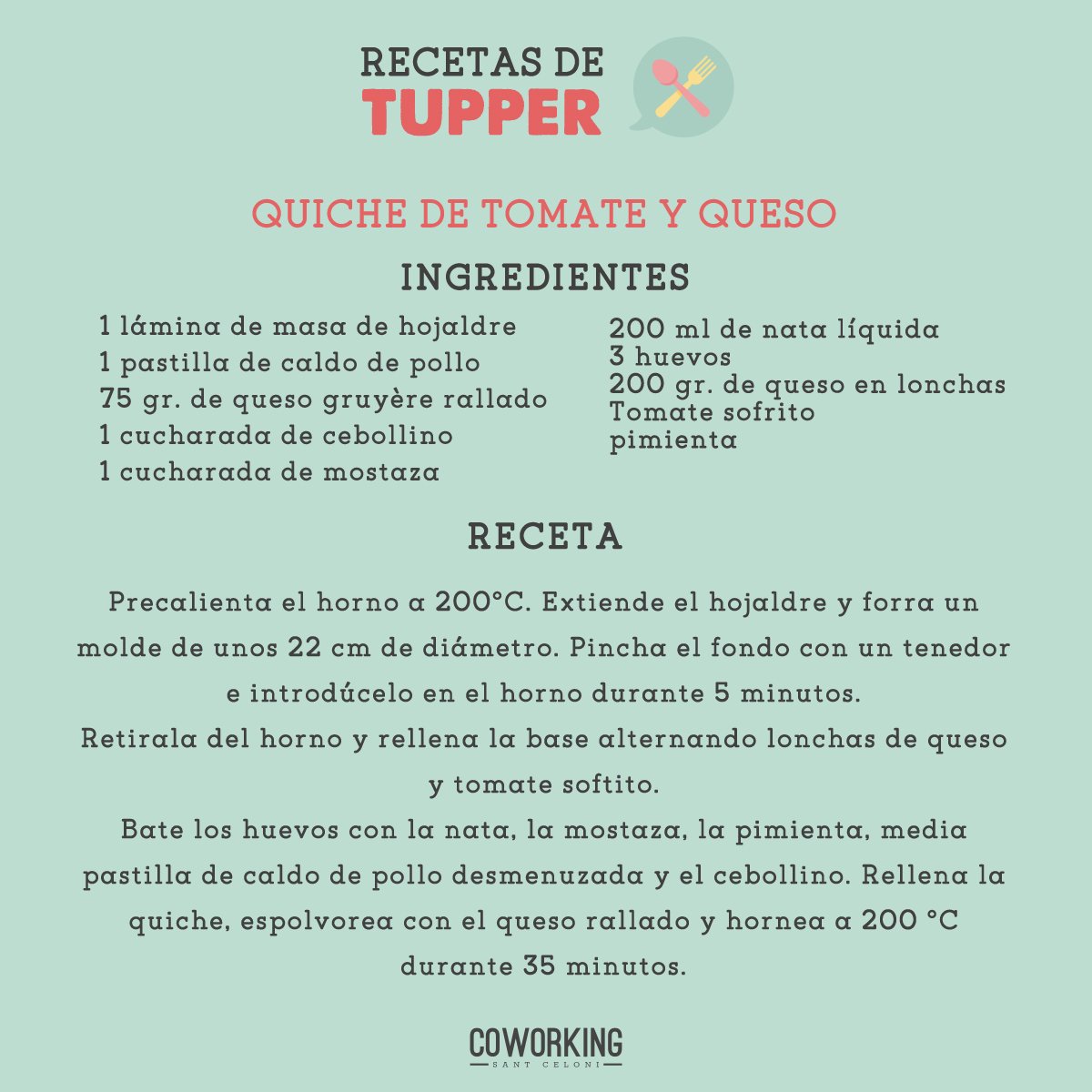 CoWorkingCeloni's tweet photo. No nos olvidamos de la #recetadetupper, esta semana toca #Quiche de tomate y queso. Dejarás a tus compañeros de oficina con la boca abierta! 

¡Nos chupamos los dedos! 😋 

#receta #coworking #recetafacil  #coworkers #igerssantceloni #igersbarcelona #igersespaña #barcelona https://t.co/wejjkbrSJz