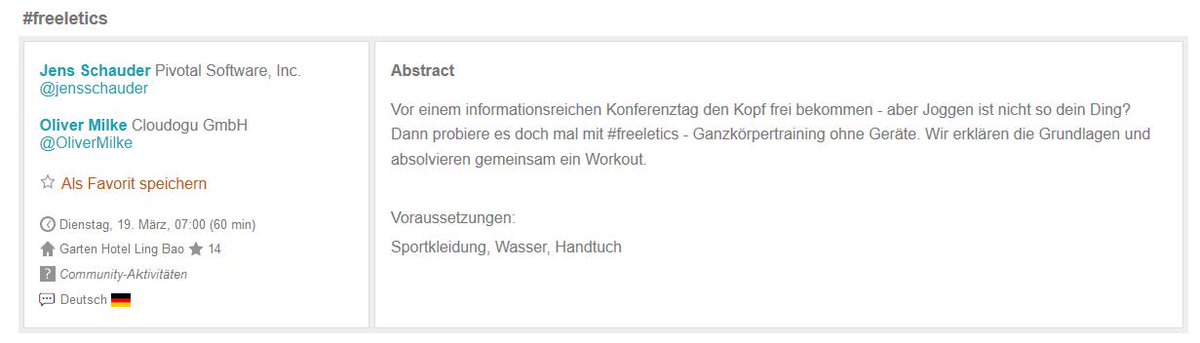 I just noted <a href="/jensschauder/">Jens Schauder</a> and me already have 14 stars for #freeletics <a href="/JavaLandConf/">JavaLandConf</a> 

Do you want to try something new? Come and join us! 

We're looking forward to the session :)

...and by the way, please use the star-feature to signal your interest ;-)