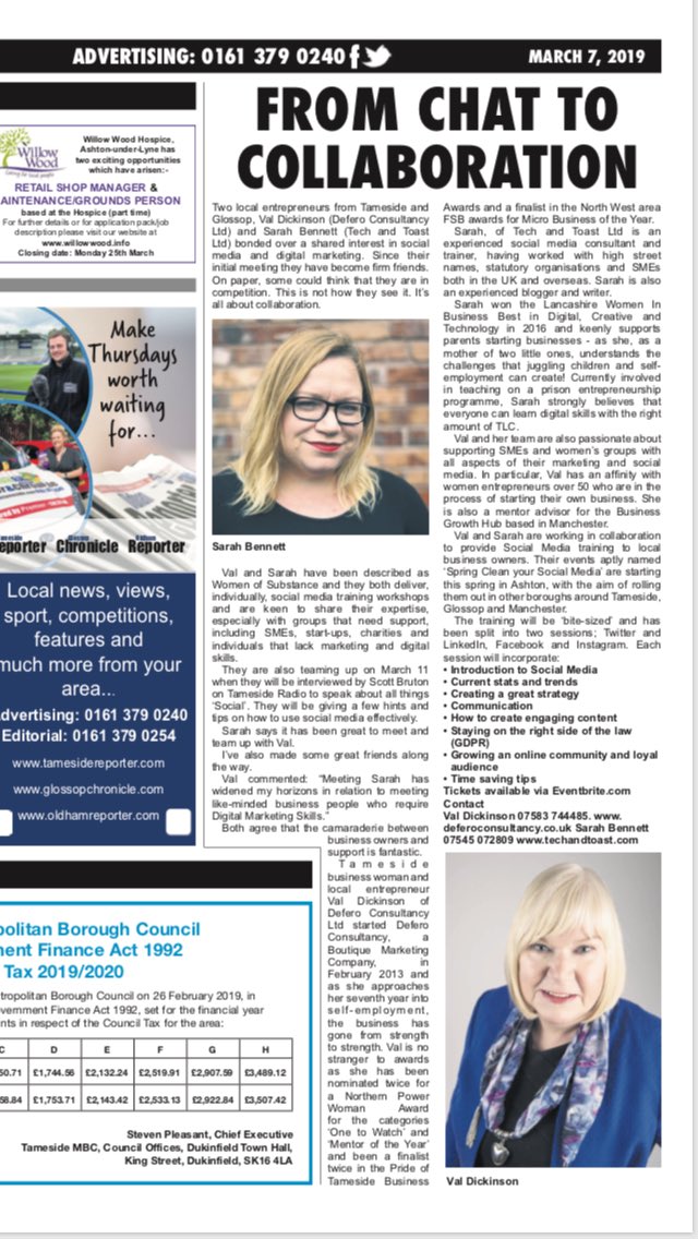 vald14's tweet photo. Weβve hit the headlines - Chat to Collaboration. There are limited places still available on the Spring Clean your Social Media Event on 21 March. Book via @eventbrite #tamesidereporter #SocialMedia @sarahbennettsoc @TamesideRT https://t.co/dlXsRd10rh