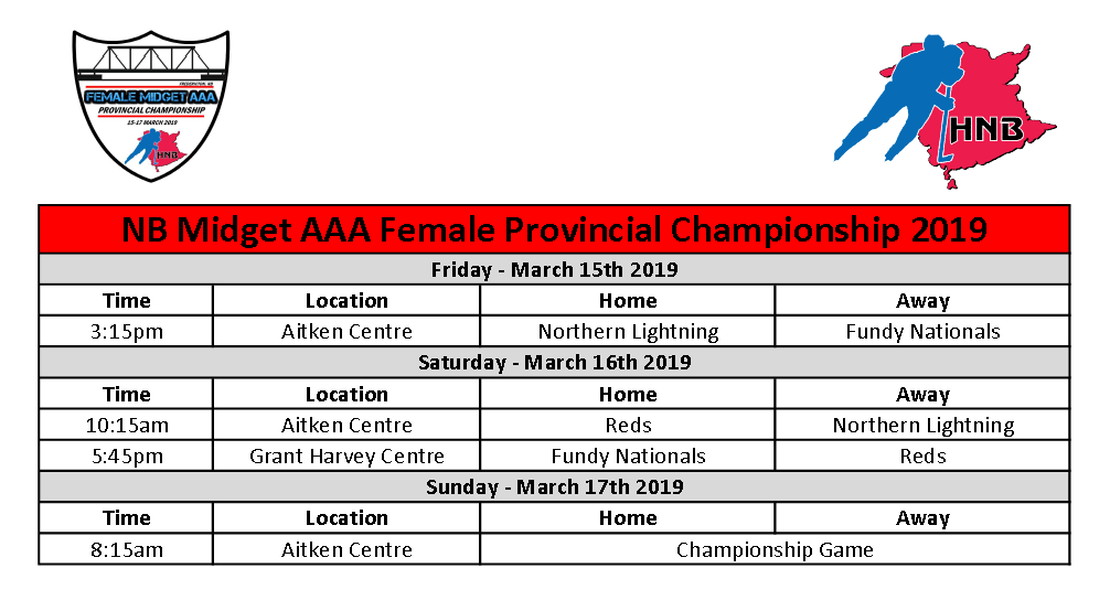 2019HNBFemaleA1's tweet photo. The schedule for the 2019 NB Midget AAA Provincial Championship is now confirmed!  We hope to see you there to see the best of Midget AAA Female Hockey in NB! https://t.co/mBw9FHp34o
