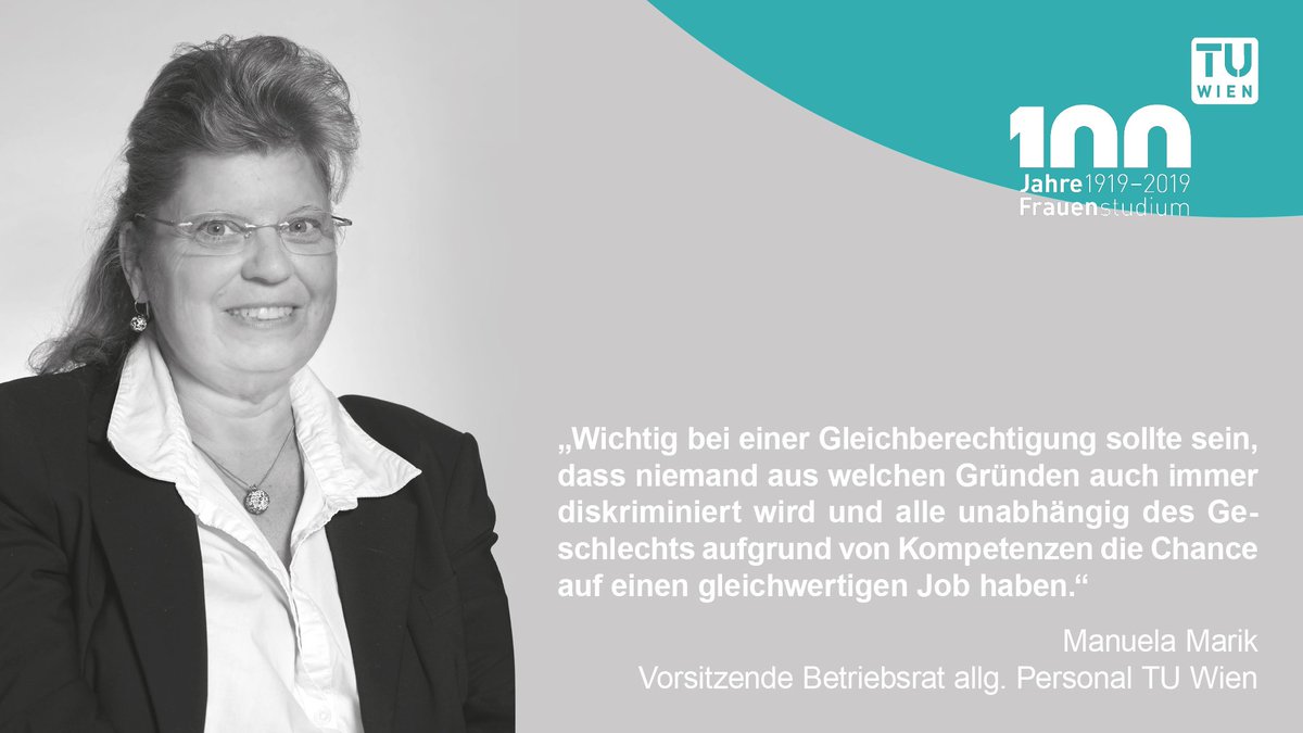 tu_wien's tweet photo. „Wichtig bei einer Gleichberechtigung sollte sein, dass niemand aus welchen Gründen auch immer diskriminiert wird und alle aufgrund von Kompetenzen die Chance­­­­ auf einen gleichwertigen Job haben.“
Manuela Marik
Vorsitzende Betriebsrat allg. Personal TUW
#GendeRRIng #dietechnik https://t.co/1hRQfGEzPh