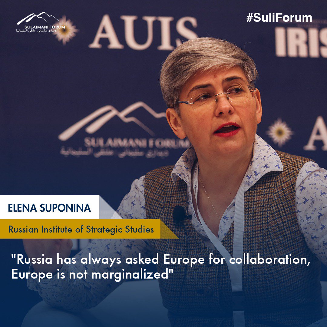 auisofficial's tweet photo. Elena Suponina, Russian Institute of Strategic Studies, "Russia has always asked Europe for collaboration, Europe is not marginalized"
#SuliForum #SulaimaniForum #AUIS #IRIS #Kurdistan #suliforum19 https://t.co/FBhsb4cwQj