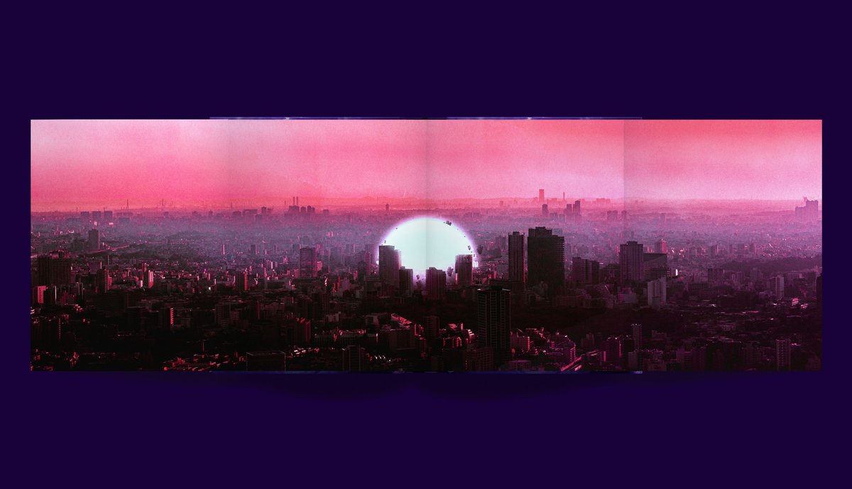 A gatefold spread of Liam Wong's TO:KY:OO book. It is an abstract take on the skyline of Tokyo, it is glitched and pink in color. The book is now funding. 