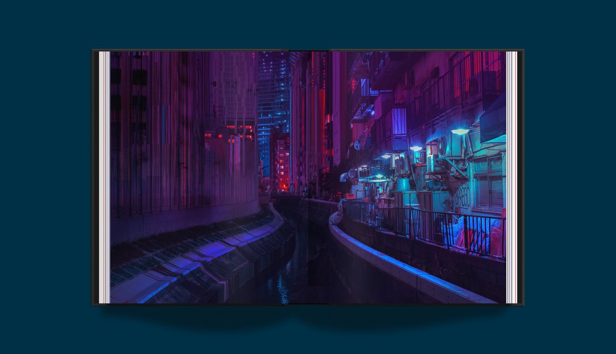 A spread of Liam Wong's TO:KY:OO book - a view overlooking Shibuya's river.