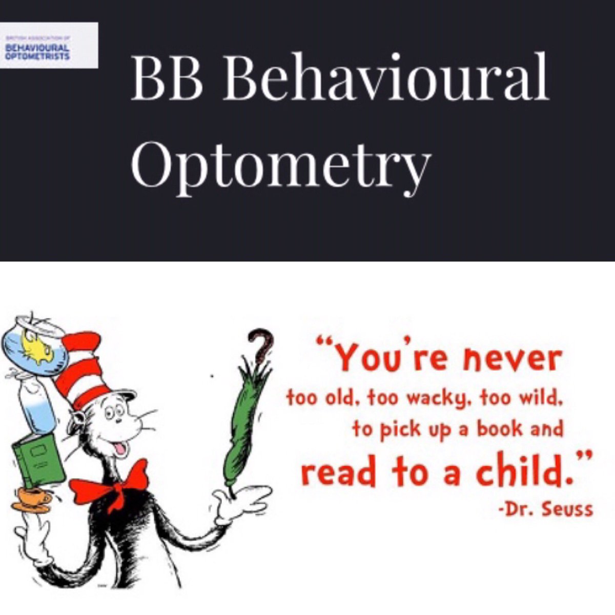 BbOptometry's tweet photo. Happy #worldbookday 📖📚👀. #reading can be #fun. #drseussquotes #behaviouraloptometry #behaviouraloptometrist @BbOptometry https://t.co/SZPb9IBG8A