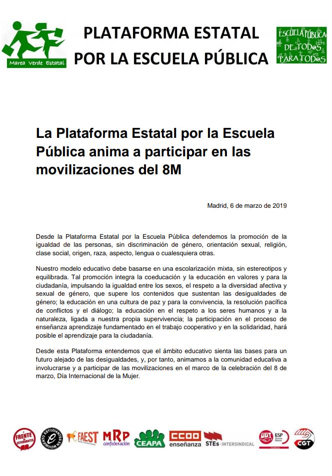 La <a href="/PlatEstEscuelaP/">PlatEstEscuelaP</a> anima a participar en las movilizaciones del 8M