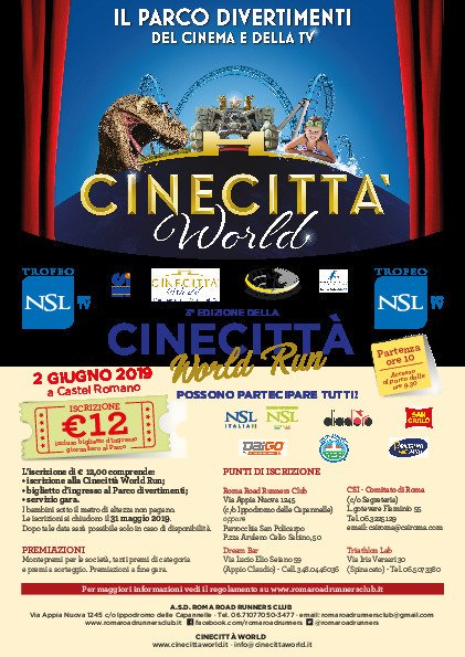 Terza edizione della corsa più divertente !
Il 2 Giugno, all'interno del Parco Divertimenti Cinecittà World di Castel Romano si correrà tra le attrazioni  con il passaggio nella spettacolare Arena di Ben Hur.  Prezzo davvero speciale € 12,00  info romaroadrunnersclub.it