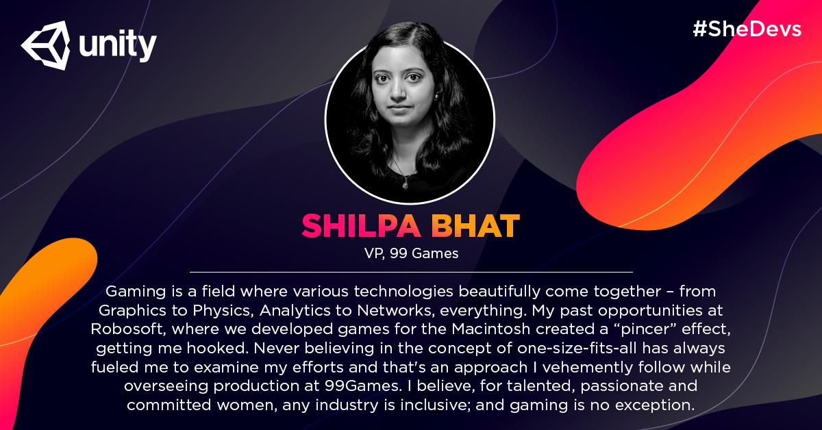 Unity3DIndia's tweet photo. With #WomensDay around the corner, we are highlighting some #WomenDevelopers & one of them is- Shilpa Bhat, VP, @99Games . She shares her perspective on being a part of the gaming industry. #SheDevs #Unity3D
https://t.co/sAn3f0uxpq https://t.co/iyfy3lmzwO