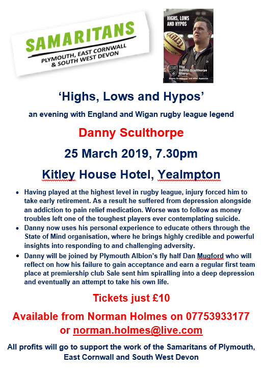 'Highs, Lows and Hypos' with <a href="/danscully8/">danny sculthorpe</a> on 25th March 2019 with <a href="/stateofmindsprt/">State of Mind</a> and <a href="/PlymSamaritans/">Support</a>. Only £10 for a ticket. #rugby #rugbyleague #MentalHealthAwareness <a href="/SouthWest_RL/">Relation_™</a> <a href="/CornishRebelsRL/">Cornish Rebels RLFC</a> @tarkastormrl <a href="/DevonDorsetRL/">Devon & Dorset RL</a> <a href="/KitWorldSW/">KitWorld Ltd</a>