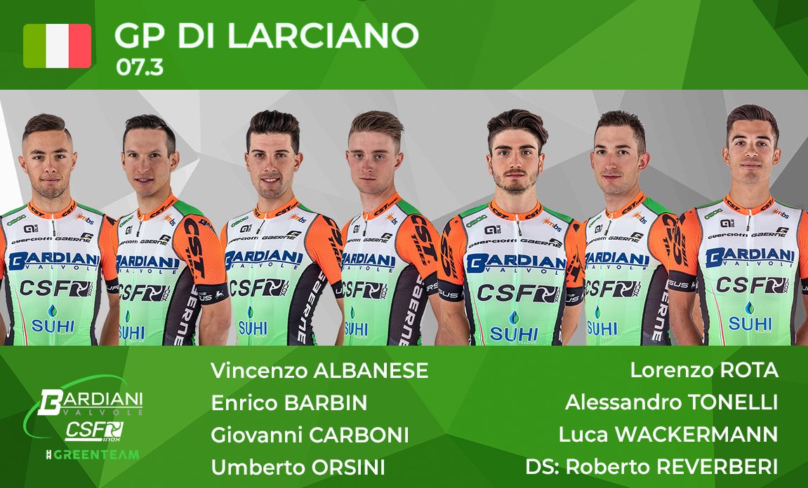 Domenica la <a href="/Bardiani_CSF/">VF Group Bardiani-CSF Faizanè</a> apre il filotto italiano di marzo con il <a href="/GpLarciano/">Gp Larciano</a>
📝 News e squadra: bit.ly/2C2Tx1d

🇬🇧 On Sunday the #GreenTeam will be on the scene of <a href="/GpLarciano/">Gp Larciano</a> 
📝 News &amp; roster: bit.ly/2Hg1Ie1