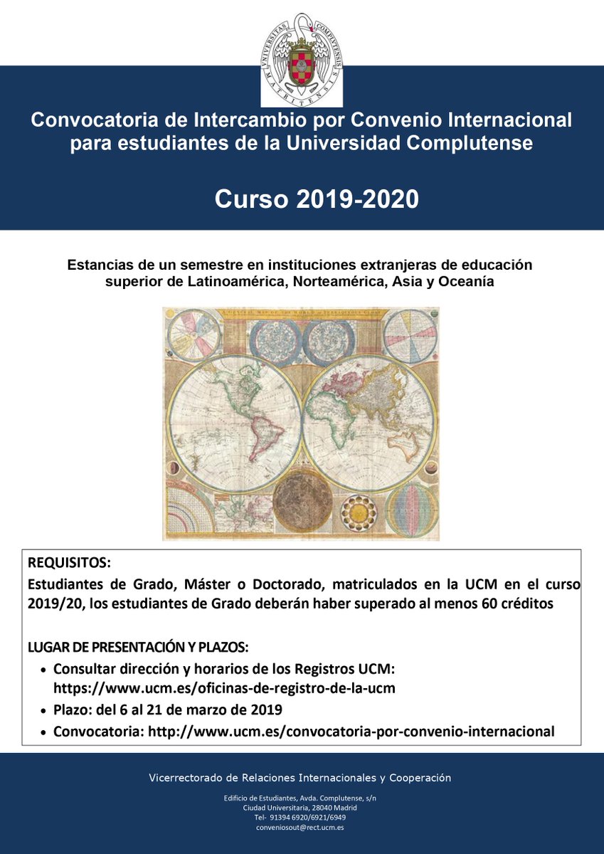 🌍Convocatoria de Intercambio por Convenio Internacional para estudiantes de la Universidad Complutense de Madrid🌎

📅 Solicitud hasta el 21 de marzo 

✈️¡Destinos de todo el mundo!

Información completa en el siguiente enlace📲ucm.es/data/cont/medi…