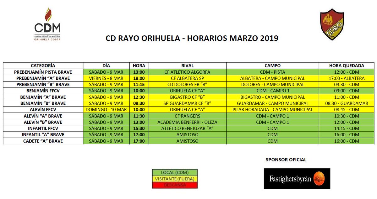 Horario partidos fin de semana 9 y 10 de marzo de 2019. CDM Orihuela Costa.
#CDM #OrihuelaCosta #EscueladeFutbol #Liga #RayoOrihuela #findesemana #futbol #escuelasdeportivas #Torrevieja #Vegabaja #Alicante