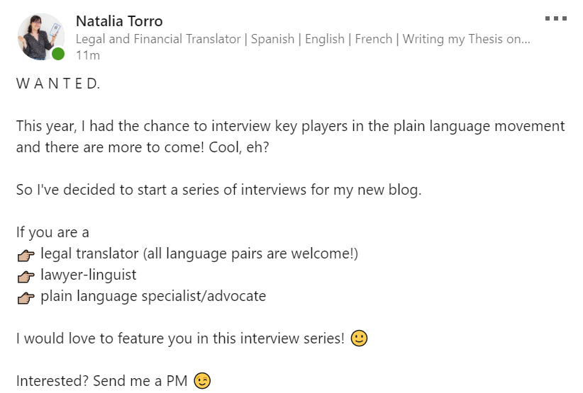 🗣️ Se viene una serie de entrevistas para mi nuevo blog. 

Si sos

🔹#traductorjurídico
🔹experto/a en #lenguajeclaro
🔹experto/a en #lenguajejurídico 

y querés participar, podés contactarme por mensaje privado😉

#legaltranslators #plainlanguage #tradjur #traductoresjurídicos